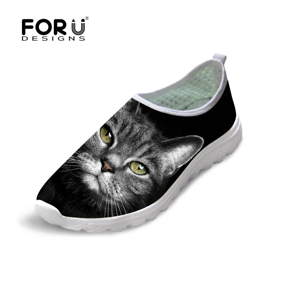 

FORUDESIGNS 2018 Summer Women Mesh Flat Shoes Comfort Walk Female Slip-on Footwear Black Cat Pattern Breathable Lady Beach Flats