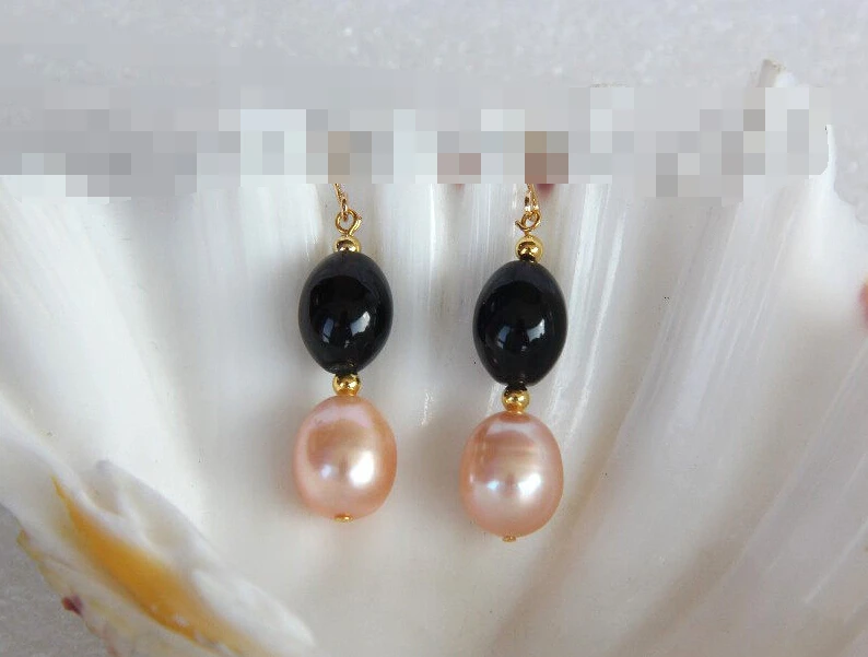 

FREE SHIPPING>>> 1301 baroque black crystal pink freshwater pearl dangle earrings