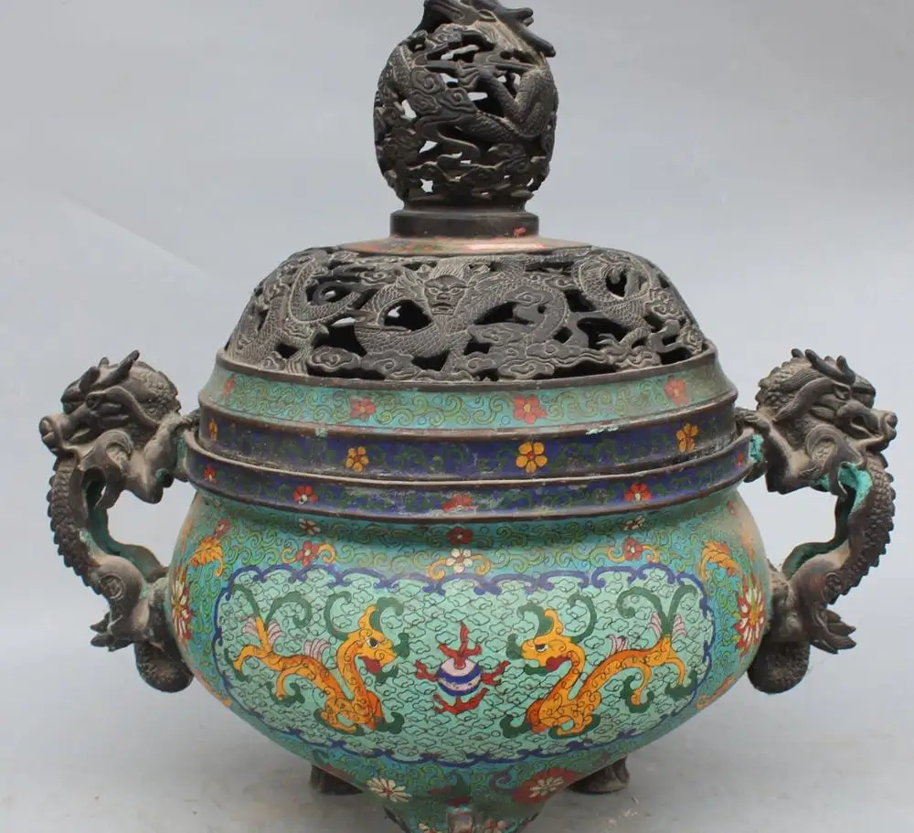 

18" Marked Chinese Purple Bronze Cloisonne Enamel 9 Dragon Incense Burner Censer