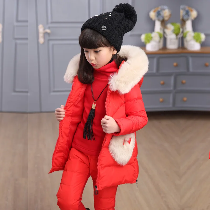 Новинка года, комплекты зимней одежды для детей теплая парка для девочек из 3 предметов пуховая куртка для девочек, одежда детское пальто зимняя одежда Детский комплект - Цвет: Красный