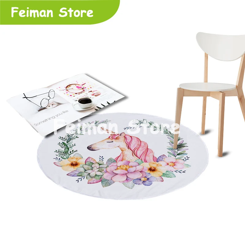 

Coral Velvet Chair Floor Mat Unicorn Printed Round Carpet for Living Room Children Bedroom Play Area Outdoor Rugs Home Textile