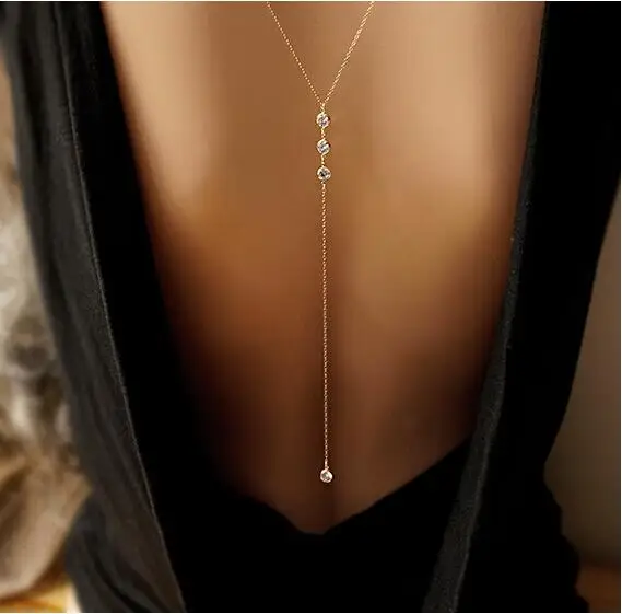 Women Long Necklace Body Sexy Chain Bare Back Gold silver crystal Rhinestone Pendant chain necklace backdrop beach body jewelry