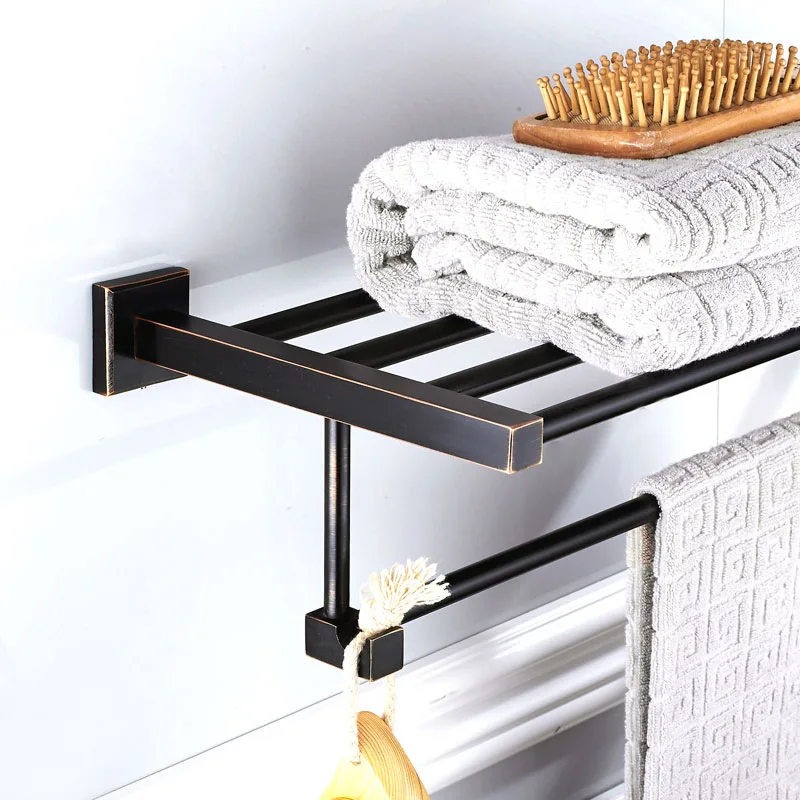 AUSWIND Antique Black Oil Rubbed Solid Brass Square Base Towel Rack WIth Towel Bar Bathroom