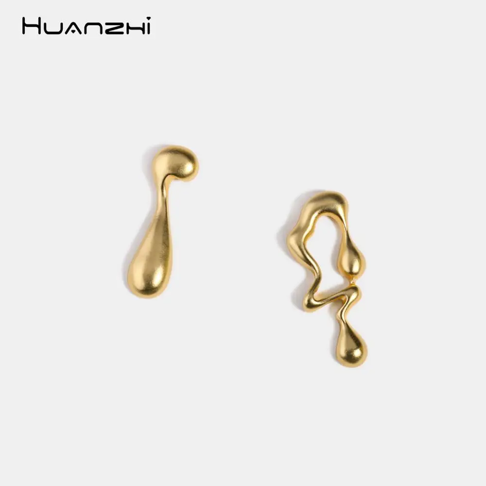 

HUANZHI Exaggeration Asymmetry Personality Geometric Irregular Gold Color Metal Chic Stud Earrings for Women Party Jewelry Gift