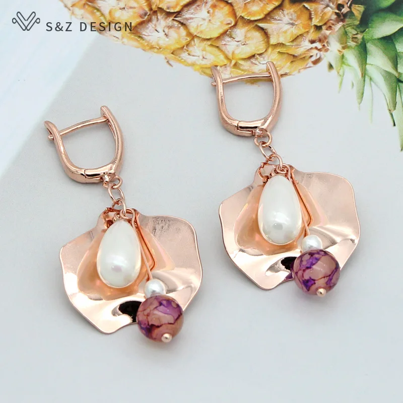S&Z DESIGN New Cute Flower Water Drop Imitation Pearl Dangle Earrings For Women 585 Rose Gold Color Wedding Jewelry