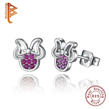 

BELAWANG New 925 Sterling Silver Pink Sparkling Crystal Mickey Minnie Earrings Compatible with Jewelry Stud Earrings for Women