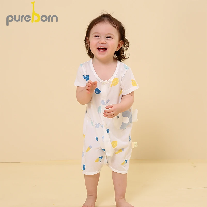 Pureborn Kids/цельный комбинезон с короткими рукавами; одежда для малышей; хлопковый короткий комбинезон для новорожденных; летняя одежда для маленьких мальчиков и девочек