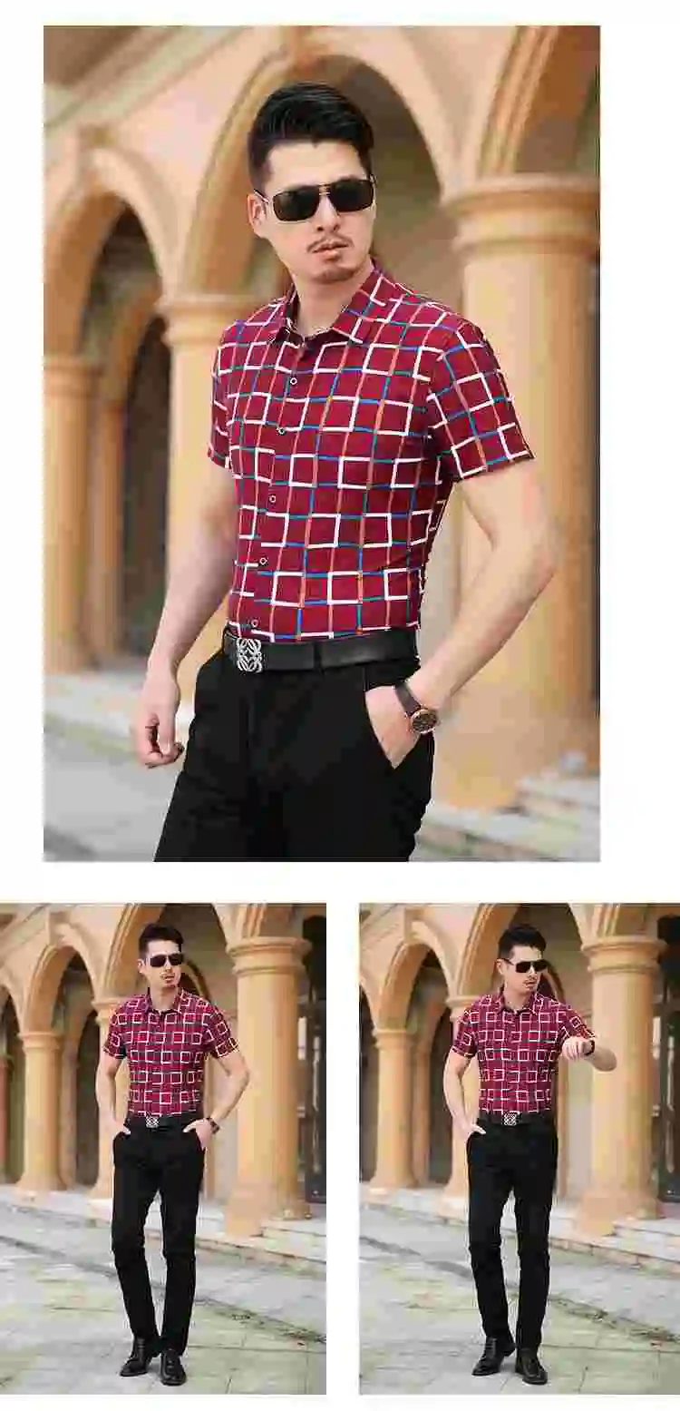 MIXCUBIC Лето Мерсеризованный разные цвета рубашки в клетку мужская повседневная Тонкий Эластичность Глянцевая с короткими рукавами рубашки мужчин, большие размеры M-6XL
