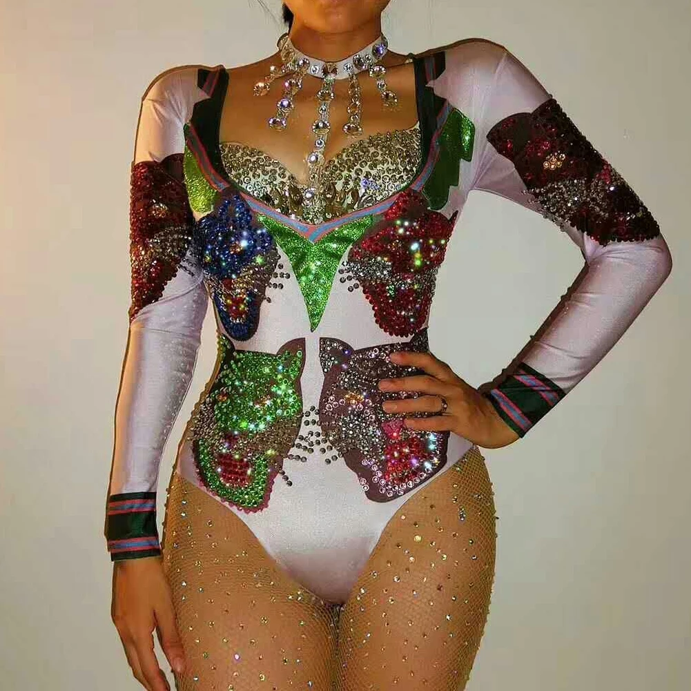 

Rhinestones Tiger Pattern Bodysuit Women Sexy Outfit Party Costumes Nightclub Bar Stage Costumes For Singers Crystal Jumpsuit