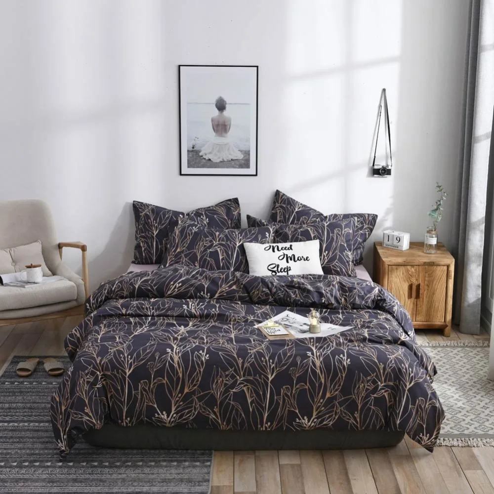 

2019 Dark Grey Leaves Scandinavian Duvet Cover Set Twin Queen King Flat Sheet or Fitted Sheet Cotton Bedlinens Pillowcases