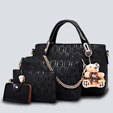 Emboss plaid bag set 4pcs luxury Women handbags Composite/Shoulder Bags 2017 PU leather Vintage Totes Bear Designer chains Bolsa