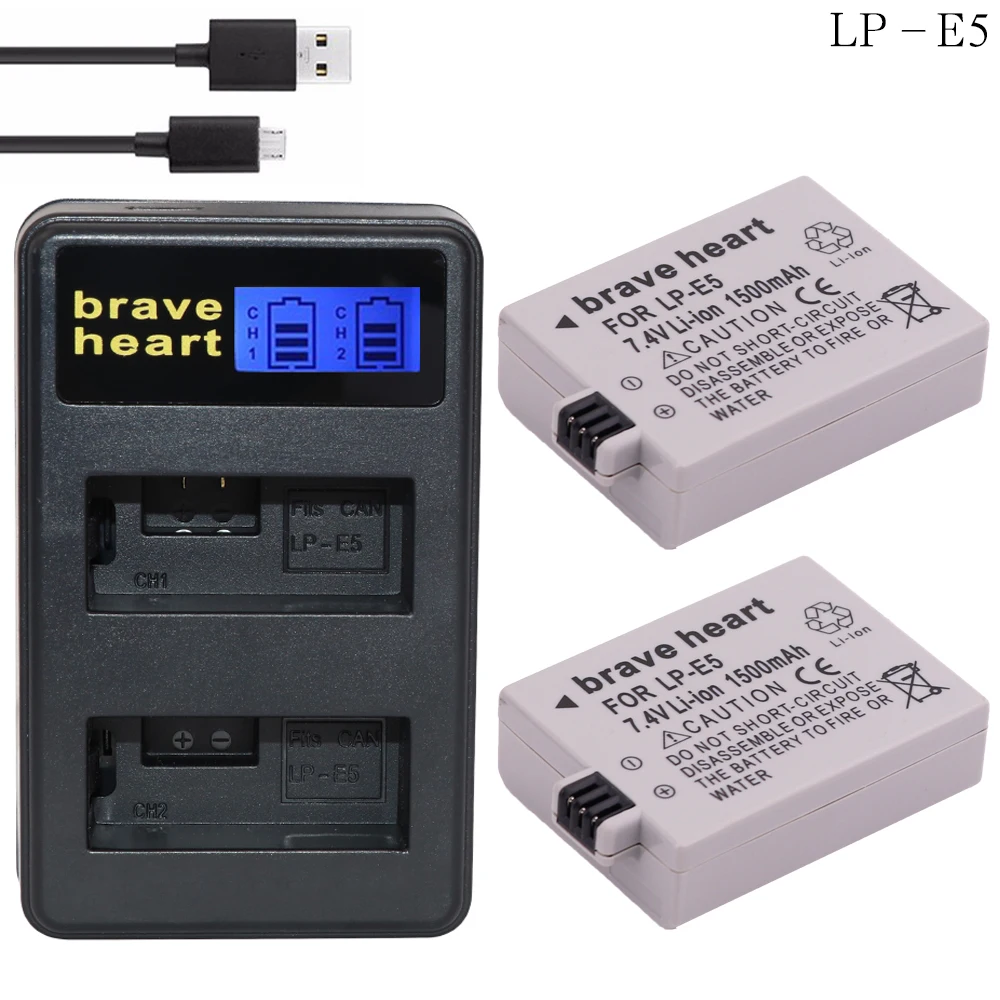 

2x bateria LPE5 LP-E5 LP E5 Battery + LCD USB Dual Charger for For Canon 450D 500D 1000D Kiss Digital X2 X3 F Rebel XSi Xli XS