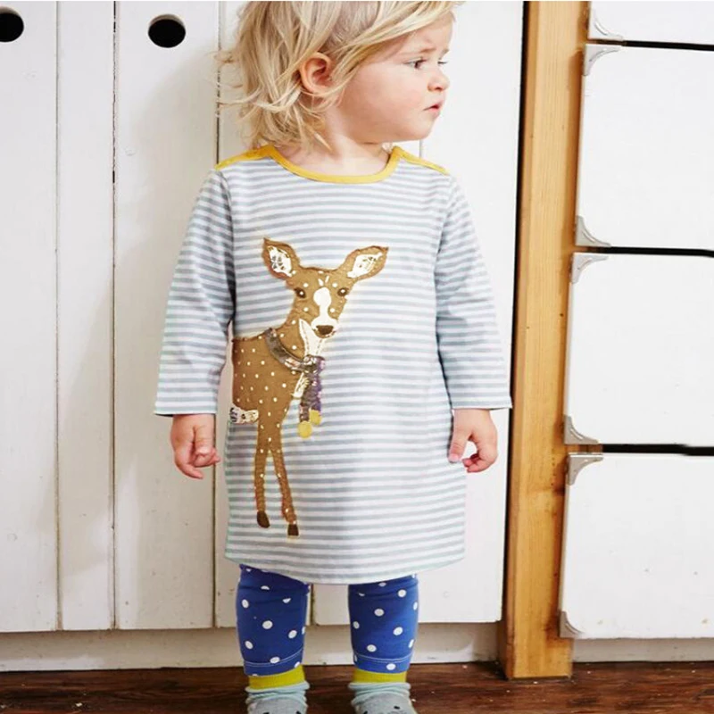 2018 fashion new baby girls dress long sleeve autumn winter infant dresses cartoon cotton giraffe mouse cat rabbit pink blue Gary red kids costume (2)