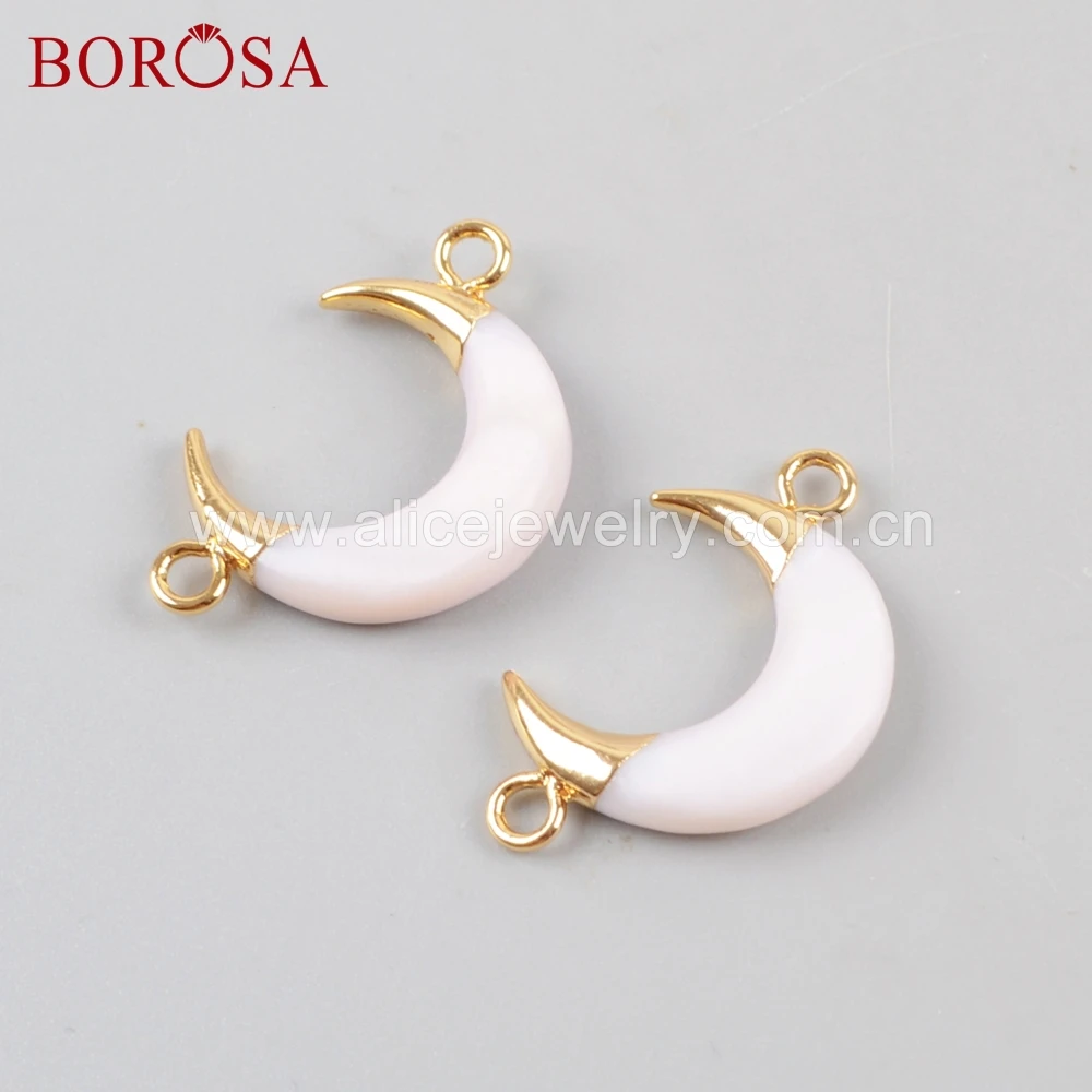 

BOROSA wholesale 10PCS Horn Natural White Shell Gold edge Connectors shell crescent double loop connctor pendant jewlery G1670