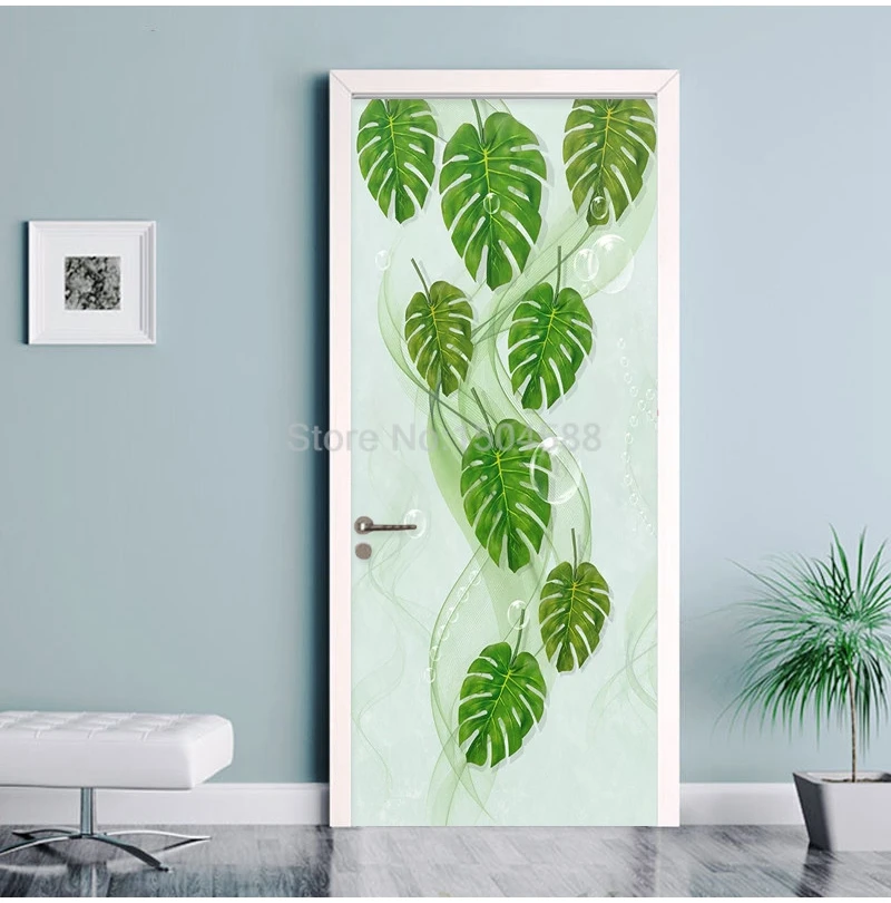 Самоклеящаяся Водонепроницаемая дверная наклейка современный простой зеленый лист Тропическое растение художественные обои для спальни декор двери 3D стикер на стену s