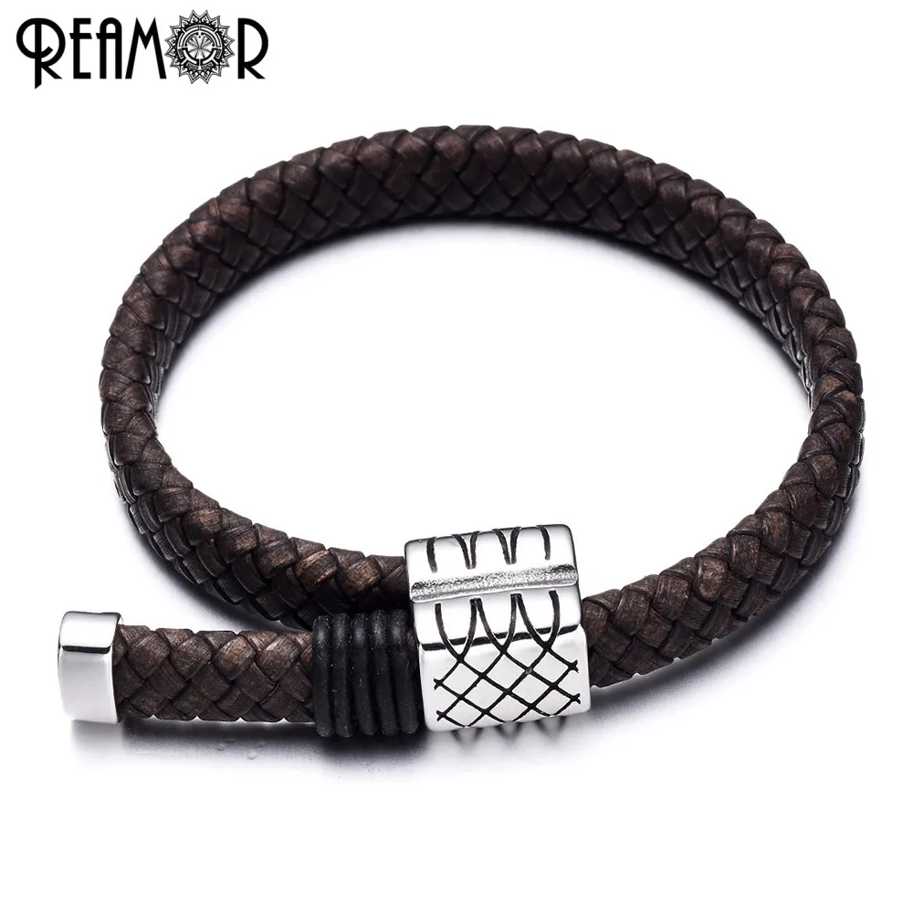 

REAMOR Vintage Simple Mens Charms Bracelets 316L Stainless Steel Brown Wide Genuine Leather Braided Adjustable Trendy Bracelets