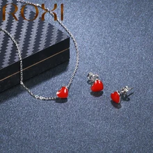 ROXI 925 пробы, набор серебряных ювелирных изделий, милый крошечный красный глазурь, кулон в виде сердца, ожерелье для женщин, колье, серьги-гвоздики для девочек, рождественский подарок