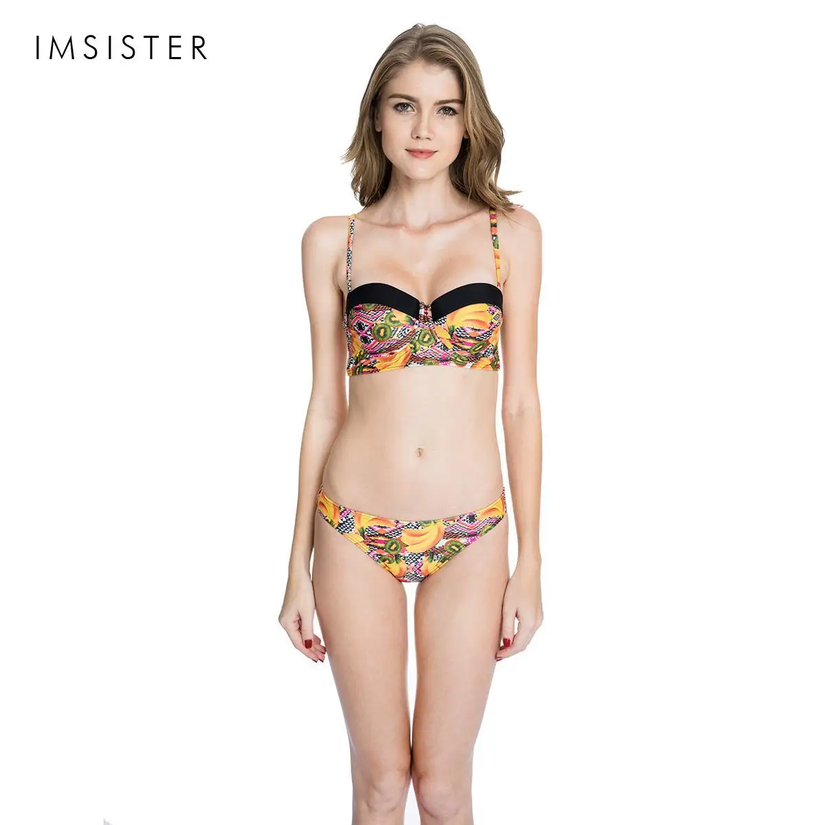 

2017 Digital Printing Women's Bikini Set Collection Contrast Bandeau Swimsuit With Soft Underwire Cups And Fruit Pattern