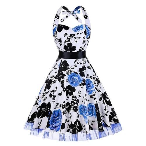 OTEN 4XL женское платье с принтом в виде черепа пэтчворк с цветочным кружевом в горошек Ретро Винтаж в стиле кантри летнее платье,1950s Большой размер строп женское платье платье пляжное - Цвет: Синий