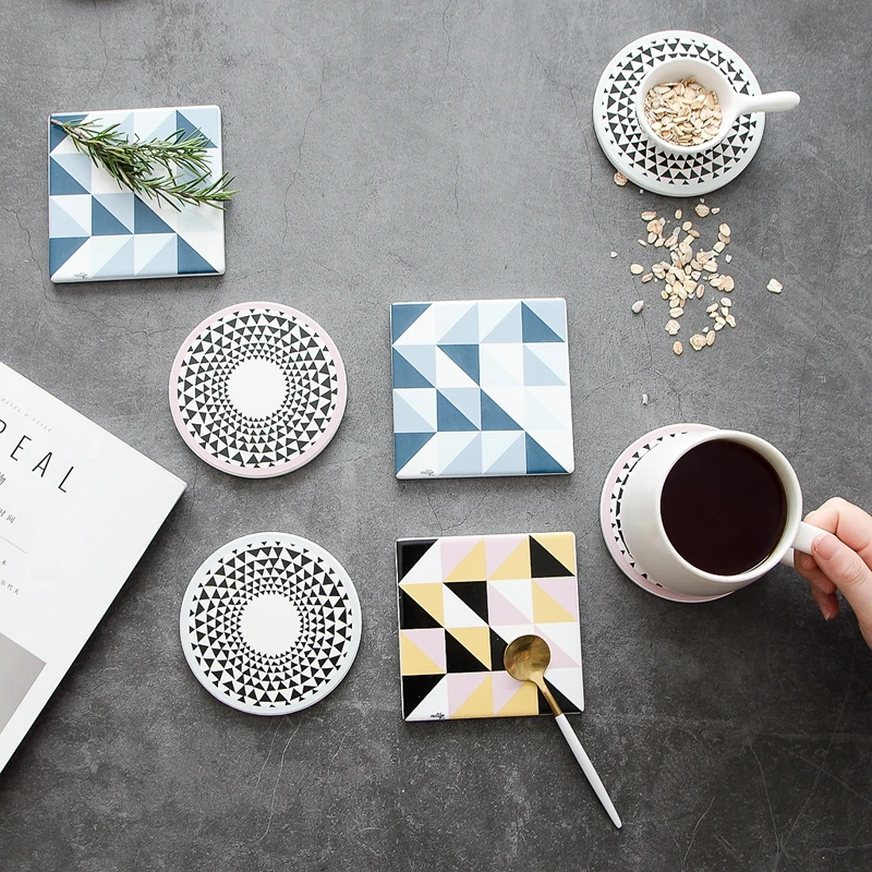 

Nordic Style Ceramic Coasters Creative Geometric Prints Square Heat Resistant Pads Anti-Slip Cork Bottom Bowl/Pot Placemats