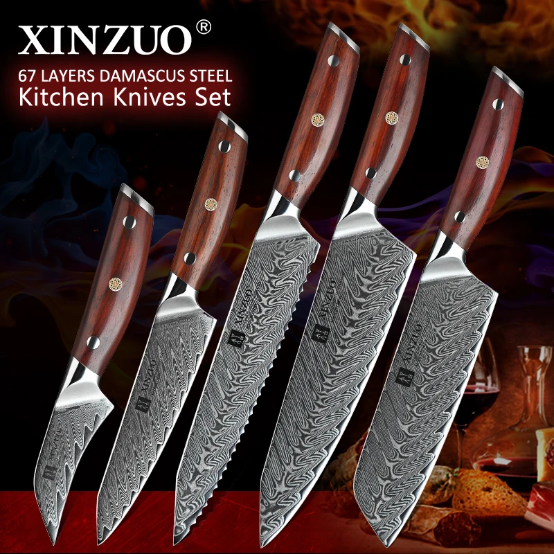  XINZUO 5 PCS Kitchen Knife Set Damascus Stainless Steel Knife Japanese New Chef Paring Santoku Slic - 33032616841