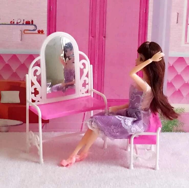Fashion Dressing Table And Chair Set For Dolls Bedroom Plastic Drsser Furniture for Dolls Girls Kids Gift Fashion Dressing Table And Chair Set For Dolls Bedroom Plastic Drsser Furniture for Dolls Girls Kids Gift