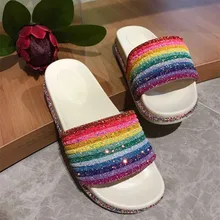 Mules Women Rainbow Slippers Glitter Slides Women's Summer Shoes Bling Slippers Women Fashion Beach Flip Flops Shoe Woman