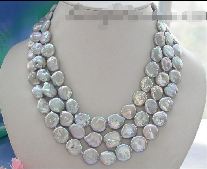 

Free shipping >>>>>z4173 3row 18" 14mm gray coin Freshwater cultured pearl necklace