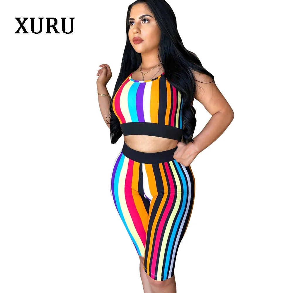XURU Для женщин комплект из двух предметов комбинезон в полоску без рукавов с принтом пикантные короткий топ 2 шт. узкие комбинезон