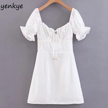 Женское белое платье во дворцовом стиле со шнуровкой спереди, женское сексуальное мини-платье трапециевидной формы с открытой спиной и пышными рукавами, летнее праздничное платье SDP9132