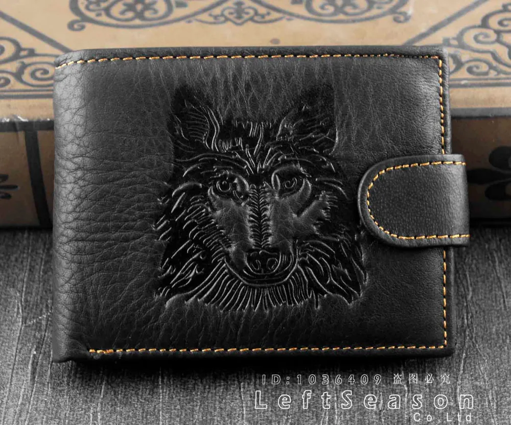 

Mens Western Genuine Leather Wolf Head Snap Card Money Coins Wallet Black