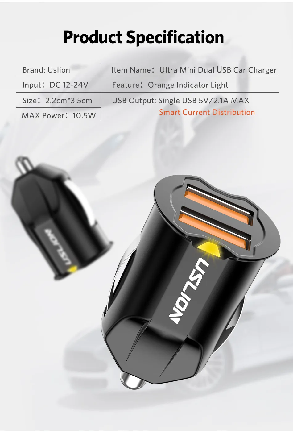 USLION Mini USB Car Charger Adapter 2.1A Car USB Charger Mobile Phone Dual USB Car-charger Auto Charge 2 port for iPhone Samsung car type c charger