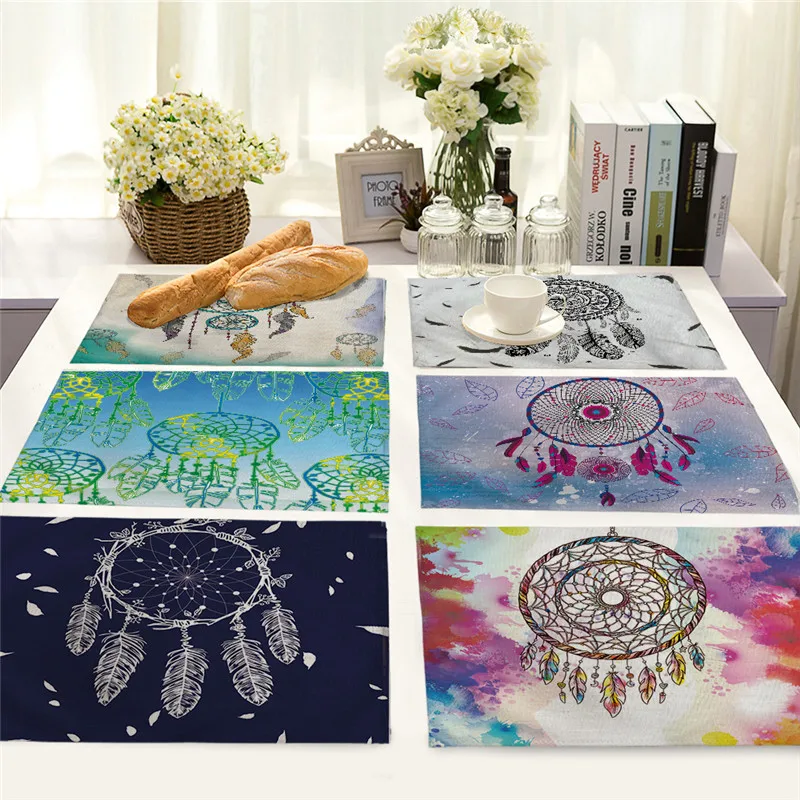 

1Pcs Feather Dream Catcher Pattern Placemat Coaster Cotton Linen Pads Dining Table Mats Western Mat 42*32cm Home Decor MC0084