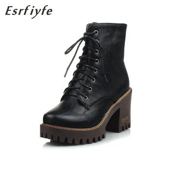 

ESRFIYFE 2019 New Fashion Ankle Boots for Women Platform Shoes British Wind Rubber Sole Lace Up Autumn Winter High Heels Boots