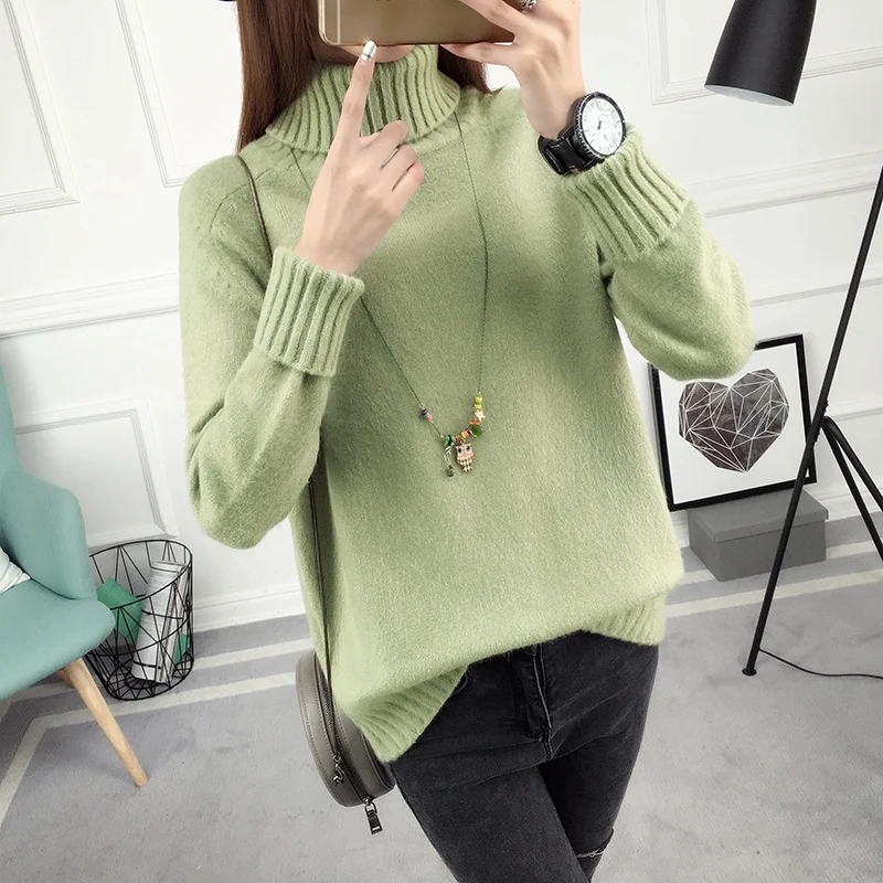 Зимний длинный женский корейский Свободный водолазка женский весенний пуловер с длинными рукавами трикотажная рубашка - Цвет: green