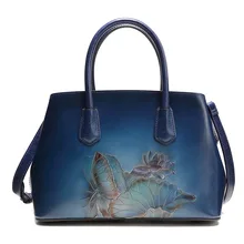 Винтажная дизайнерская женская сумка из натуральной коровьей кожи с голубым цветком лотоса, женская сумка через плечо, женская сумка