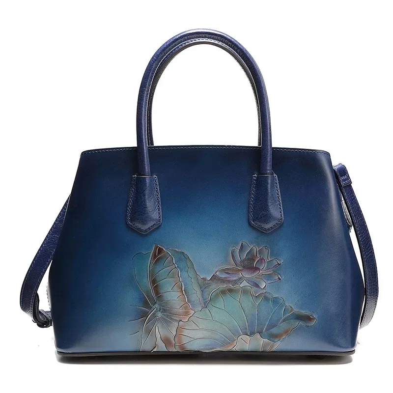 

Vintage Blue Lotus Flower Designer Women's Engraved Handbag Genuine Cow Leather Female Single Cross Shoulder Bag Lady Totes Bag
