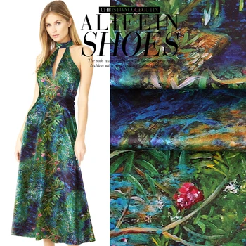 

118CM Wide 19MM Forest Print Stretch Green Blue Silk Satin Fabric Good for Summer Dress Skirt Shirt Pants JH119
