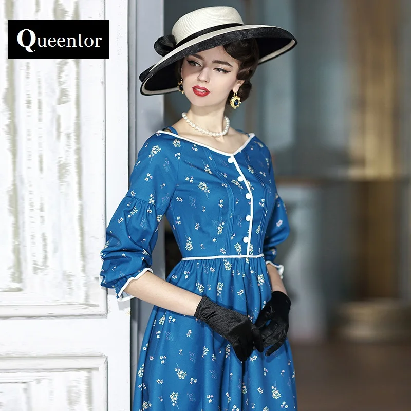 Queentor 2017 бренд vestidos Осень высокого класса старинные с пышными рукавами элегантные