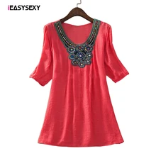 iEASYSEXY 2017 New Embroidery Bead Casual Half Sleeve Cotton Linen Blouse Ethnic Boho Vintage Shirt Women Tops Plus Size Blouses