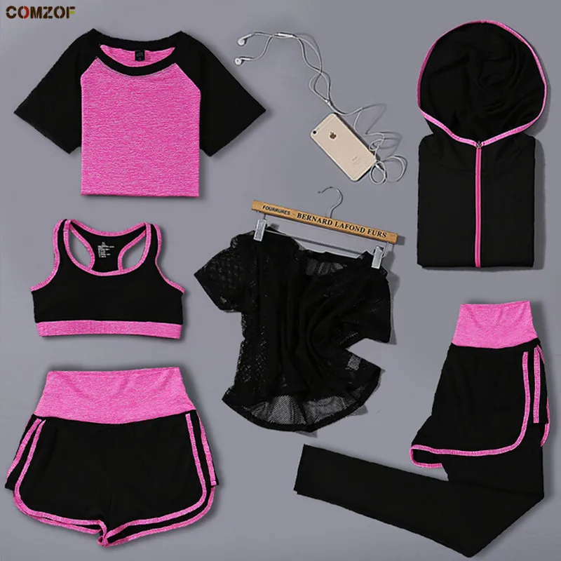 

Women yoga suit 4/5/6PCS mesh t shirt+bra+shorts+pants+coats outdoor quick dry sports sets fitness gym clothing training