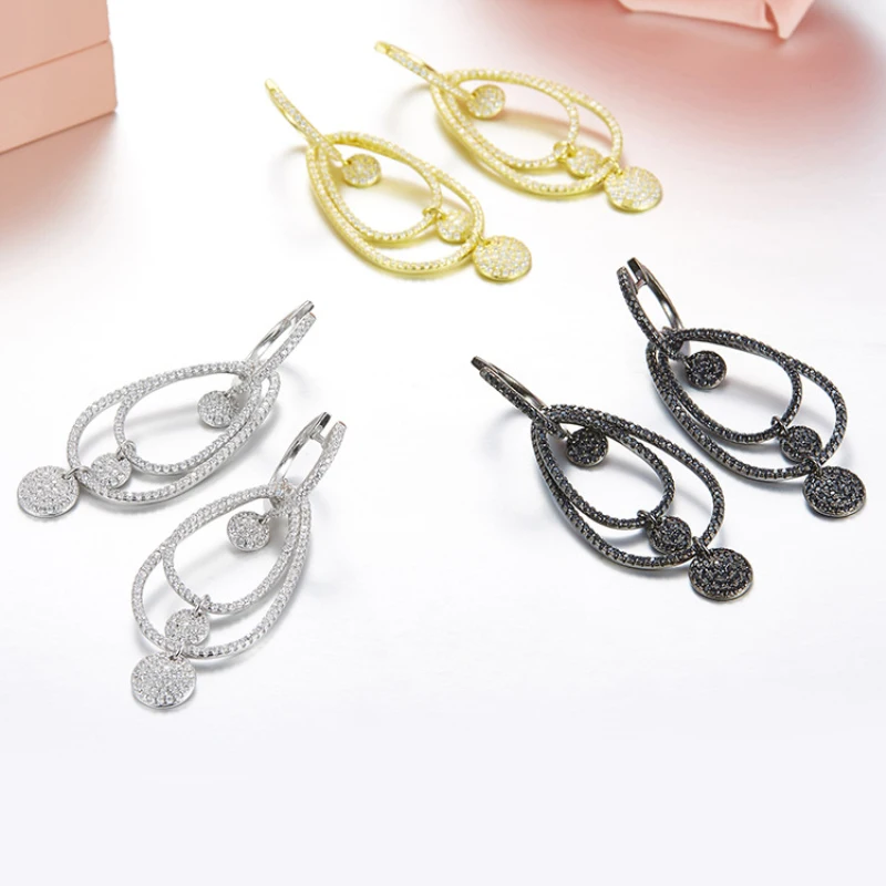 

Fits Monaco Jewelry with Charm Ladies Earrings Couple Party Gift 925 Pure Zircon Sterling Silver Double Circle Earrings