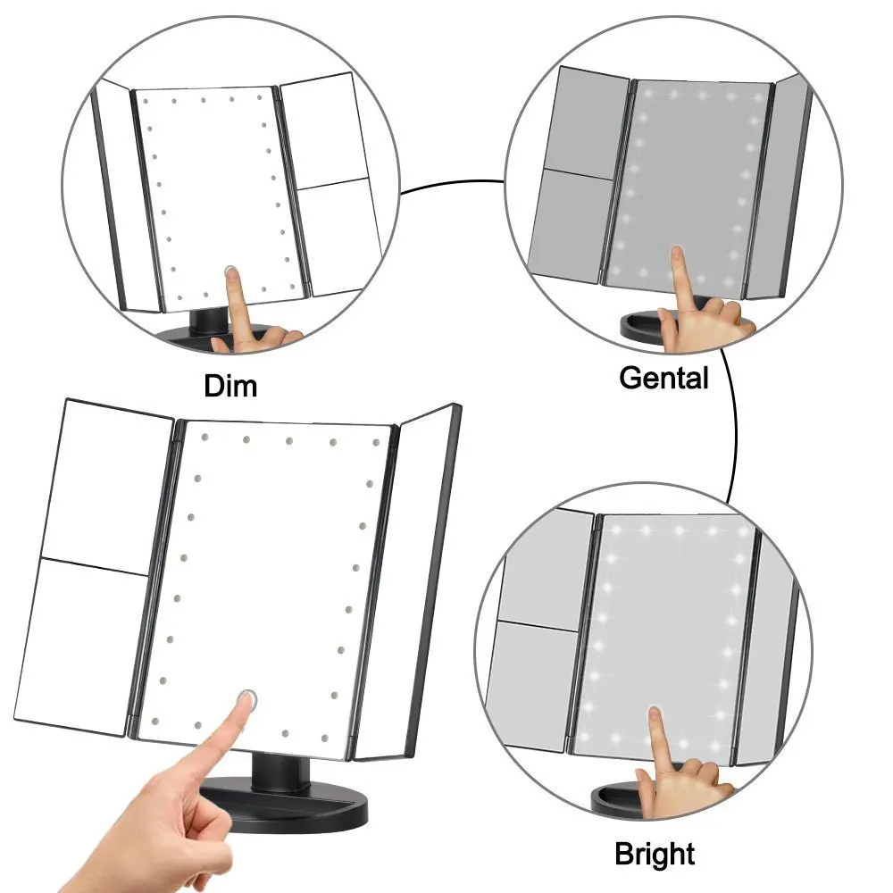 Освещенные косметическое зеркало для макияжа с 22 светодиодный свет Tri-Fold косметическое зеркало с 10X/3X/2X Упростите решение свободное вращение и Сенсорный экран