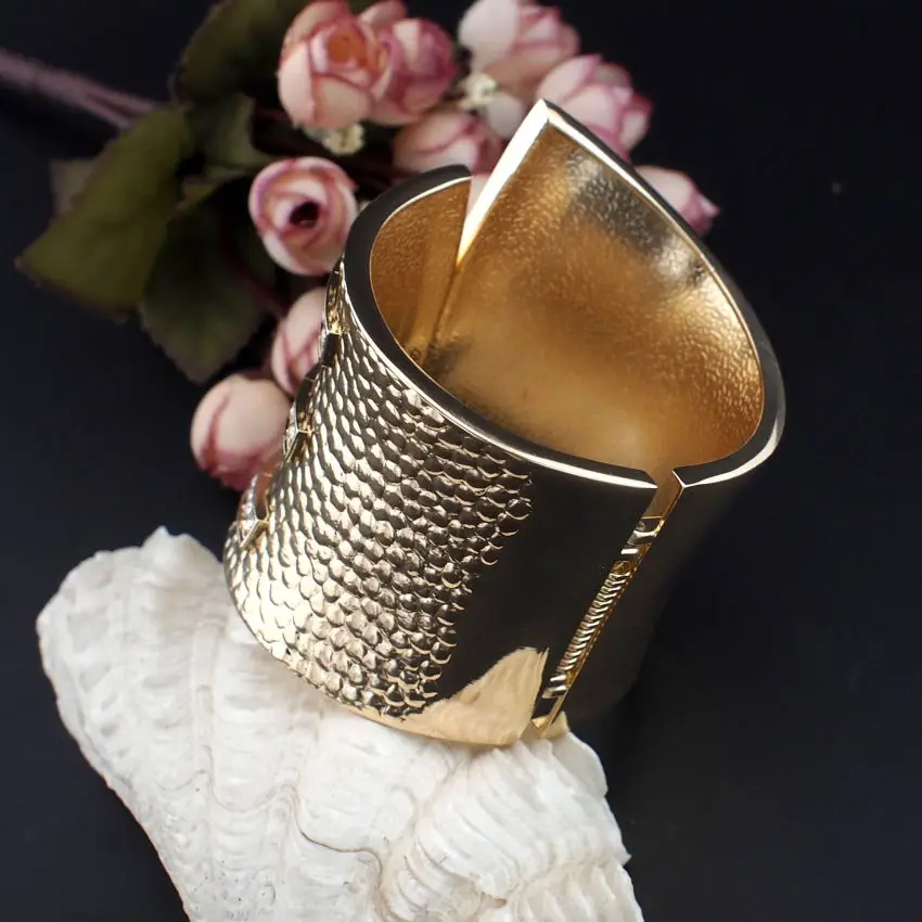 MANILAI Female Fashion Exaggerate Cuff Bangles Metal Black Glaze Rhinestones Women Statement Jewelry Big Bangles Bracelets