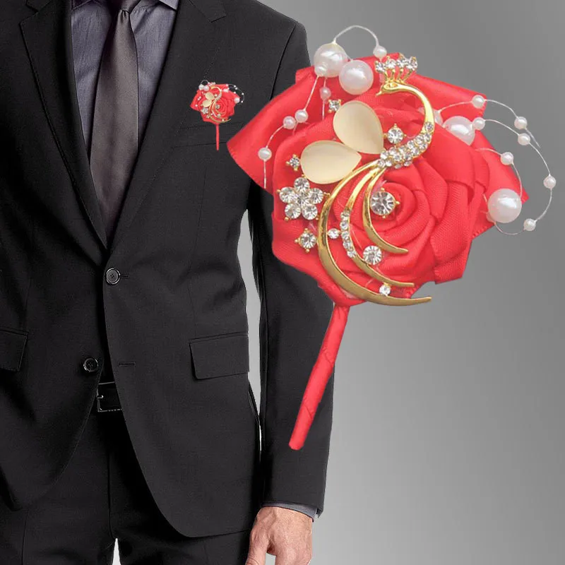 

Handmade Crystal Bridal Wedding Corsages Flower Pearl Groom Pink/Blue Boutonniere Wedding Men 2018 New Wedding Accessories