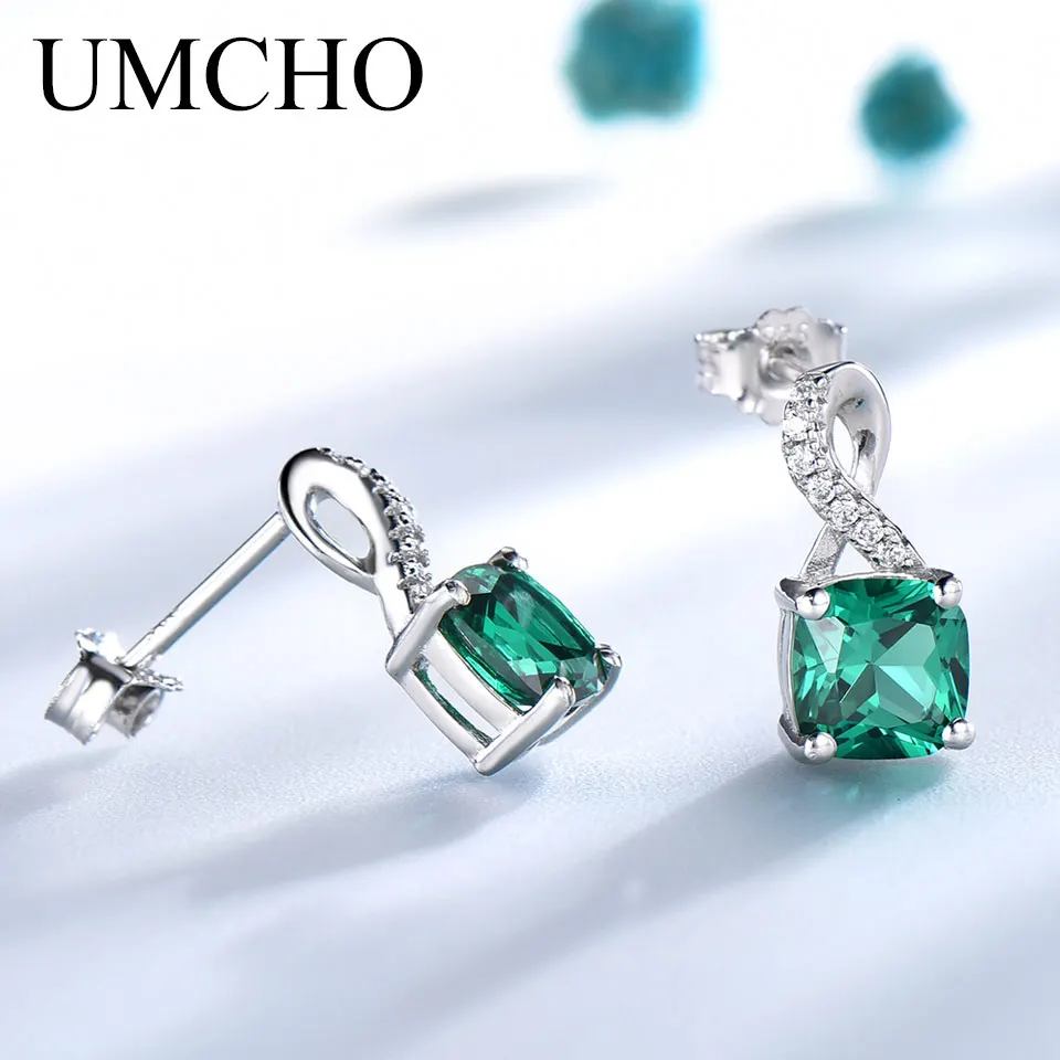 

UMCHO Real 925 Sterling Silver Fine Earrings Gemstone Created Nano Emerald Stud Earrings For Women Birthday Gift Fine Jewelry