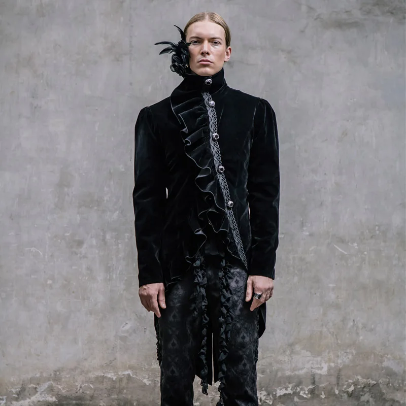 

Steampunk Men's Swallowtail Jacket Asymmetric Stand Collar Black Single Breasted Jacket Fashion Coat