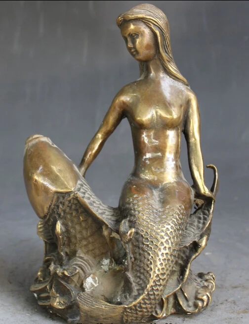 

8" Old Chinese Feng shui Bronze Carving Mermaid Fish Barracuda Daughter Sea Statue