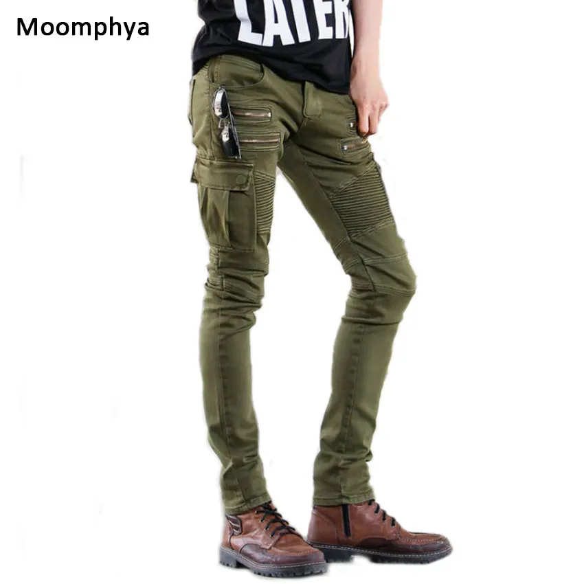 Famous brand high quality luxury men jeans slim elastic pleated Pencil Pants pocket with side zip denim Biker jeans|pants unisex|jeans diselpants