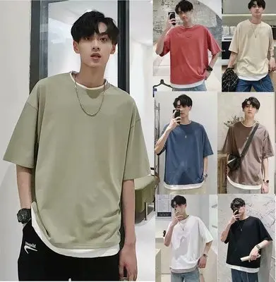 

Summer Men's Male Short Sleeve Fashion Trend Tshirt False Two Paper T Shirt Male Tide Brand Cotton Clothes T-shirt M-2XL